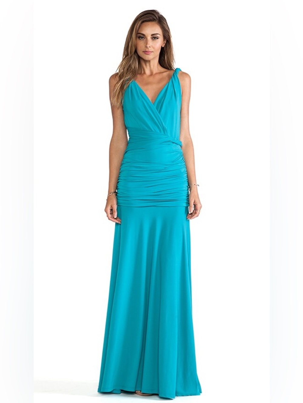 Halston Heritage Sleeveless Ruched V-Neck Maxi Dress in Teal